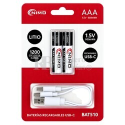2 Bater�as Litio AAA recargables 1,5V 600mAh Li-Ion USB-C
