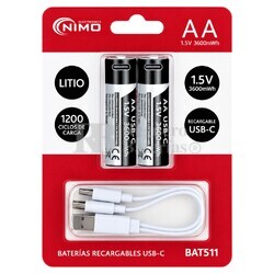 2 Bater�as Litio AA recargables 1,5V 2400mAh Li-Ion USB-C
