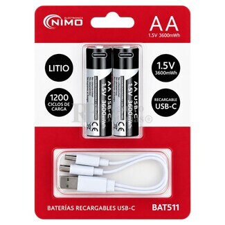 2 Bater�as Litio AA recargables 1,5V 2400mAh Li-Ion USB-C