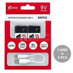 2 Bater�as Litio recargables 9V 410mAh Li-Ion Recargables USB-C