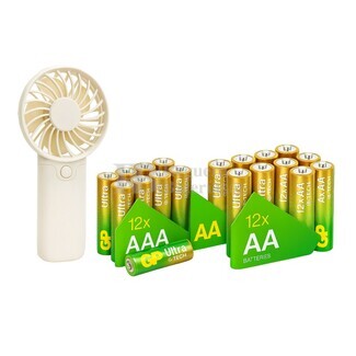 12 Pilas Alcalinas AA + 12 AAA GP Ultra G-Tech, obsequio Ventilador