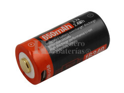 Batería Litio 3.7V 650mAh CR123 recargable carga Micro-Usb