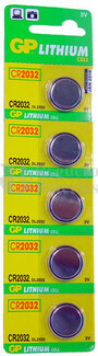 Blister 5 pilas GP tipo boton CR2032 Litio (20 mm. d. x 3.20 alt.) 3 v.  220 mAh.