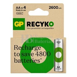 Pack 4 bater�as recargables 1,2 Voltios 2.600 mAh AA GP