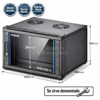 Rack 6U 19P 600x450 mm Phasak Pro PHO 2106-D Armario Mural para Equipos IT